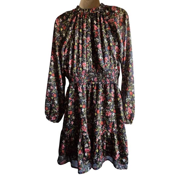 NWT Old Navy Women's Long Sleeve Floral Boho Mini Dress M Tall Black Metallic - Picture 9 of 15